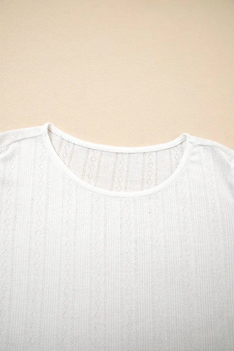 White Scalloped Lace Trim Jacquard Textured T Shirt for Women - Love Salve